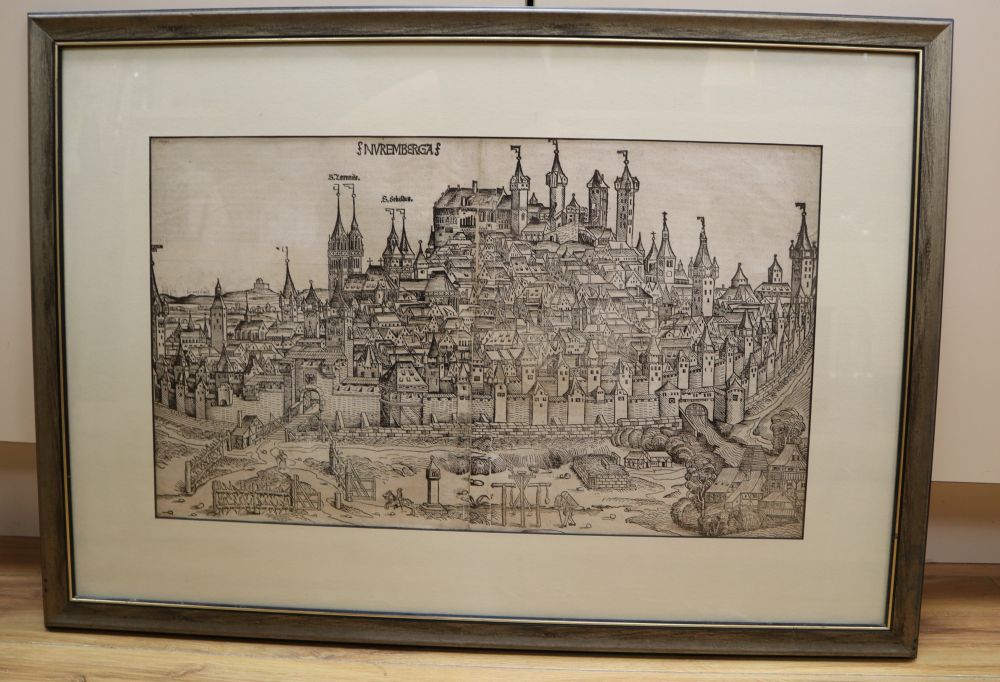 Schedel (Hartmann), Nuremberga, double page woodcut view of the City of Nuremberg from the Nuremberg Chronicle 31 x 52.5cm